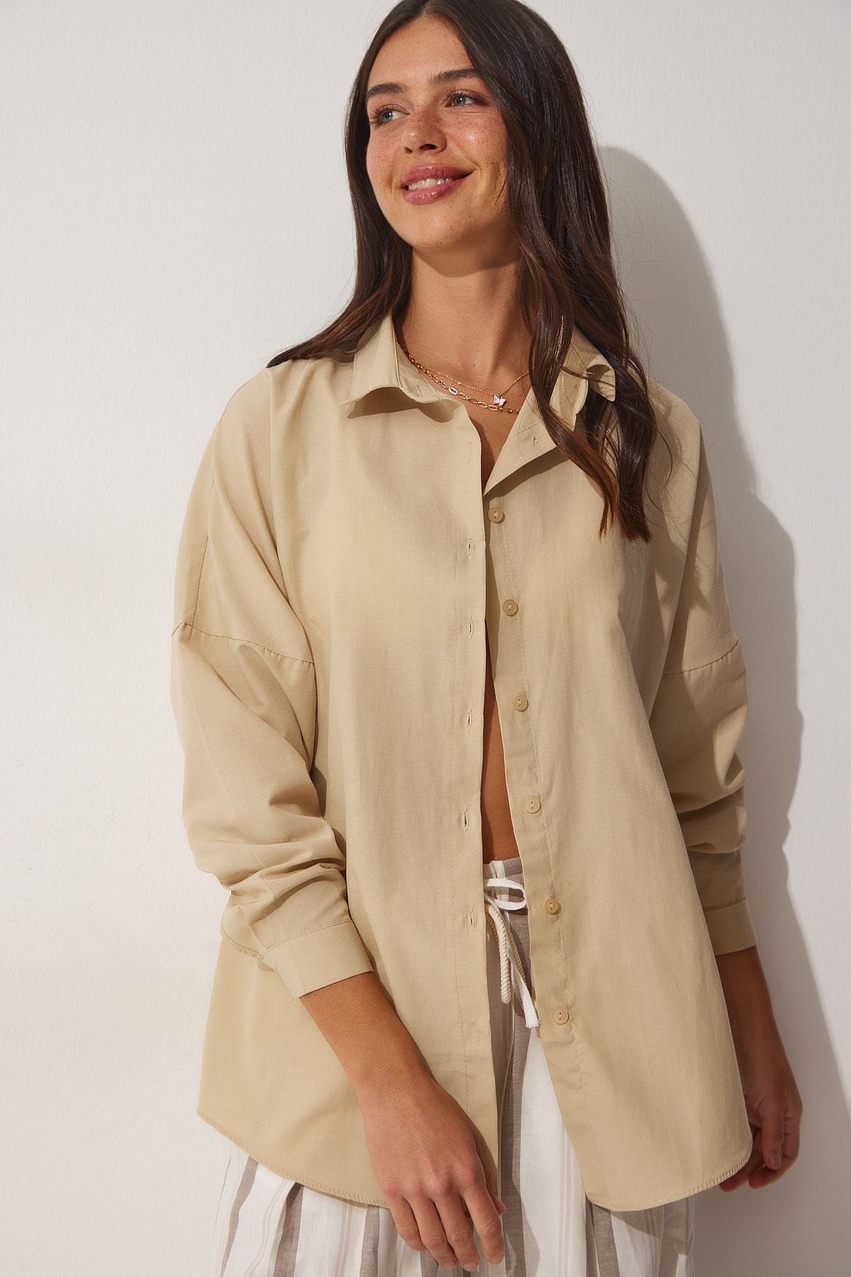 Koyu Krem Oversize Uzun Basic Gömlek  DD00842