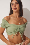 Çağla Yeşili Keten Karışımlı Büzgülü Crop Bluz BV00065