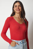 Koyu Oranj V Yaka Fitilli Basic Bluz BV00096
