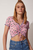 Pembe Çiçekli Büzgülü Crop Örme Bluz UB00086