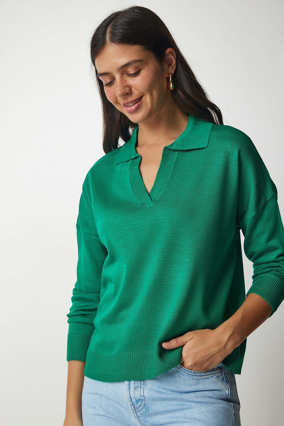 Koyu Yeşil Polo Yaka Basic Kazak bv00094