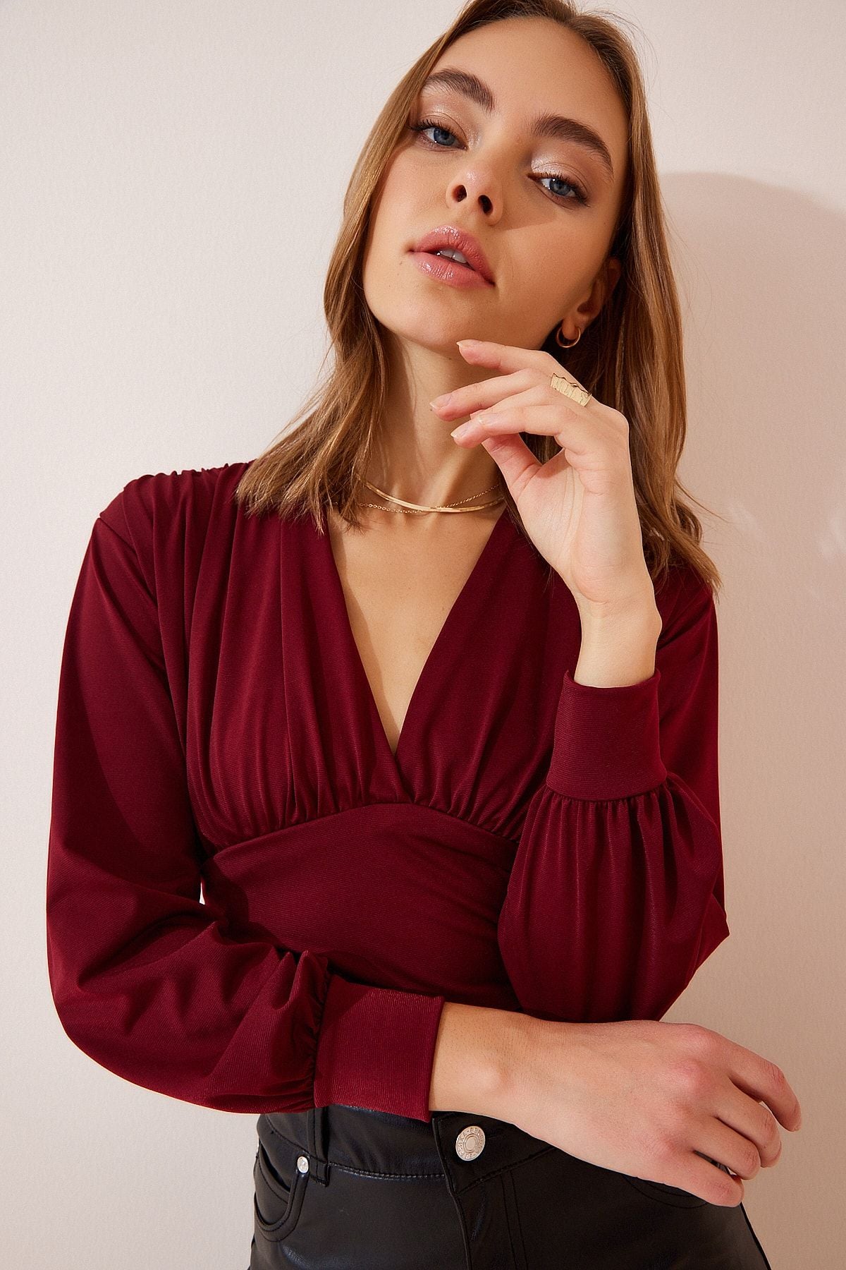 Bordo Derin V Yaka Crop Sandy Örme Bluz BF00050