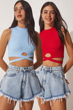 Kırmızı Mavi 2'Li Halter Yaka Fitilli Crop Örme Bluz CE00077