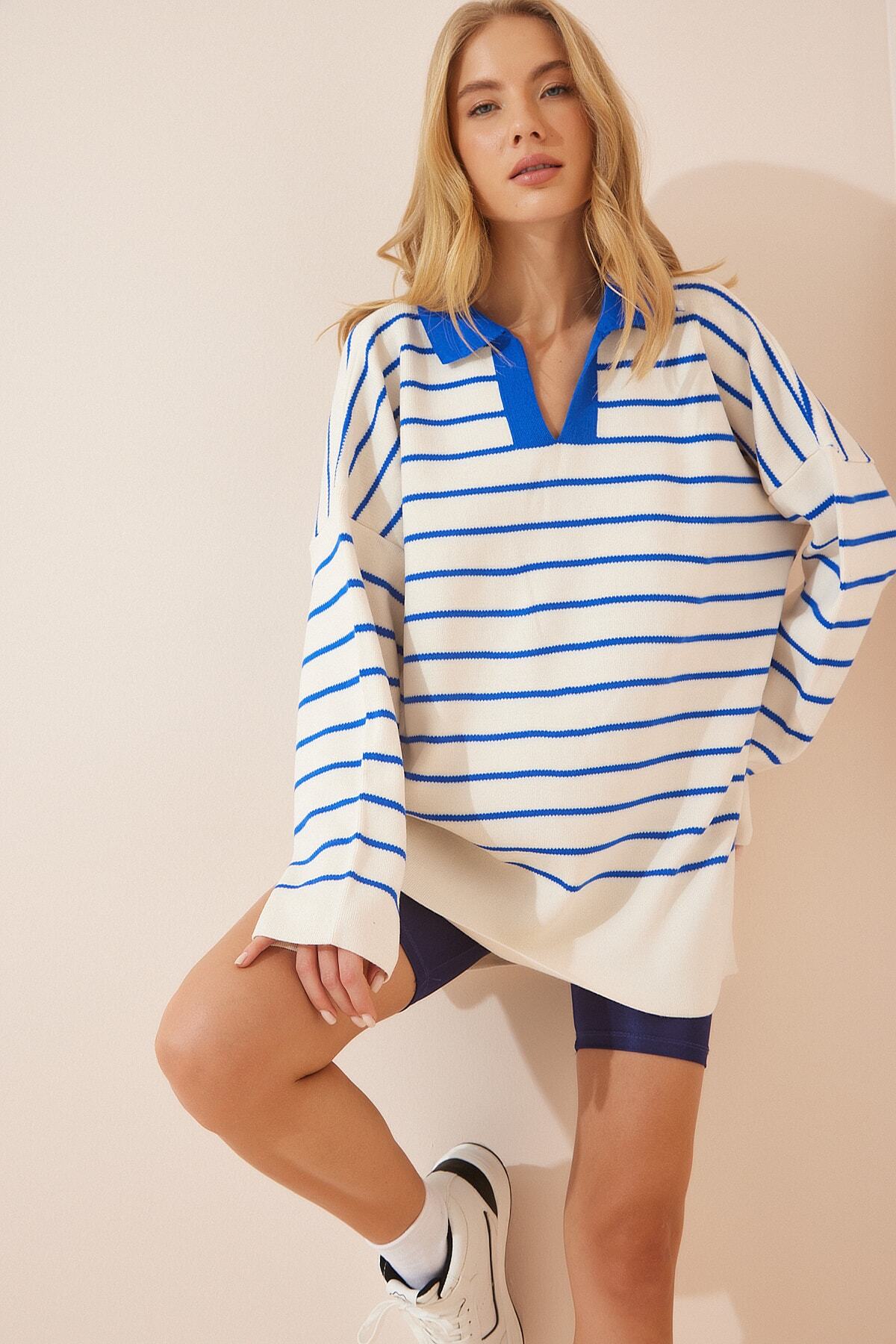 Beyaz Mavi Polo Yaka Çizgili Oversize Triko YY00086