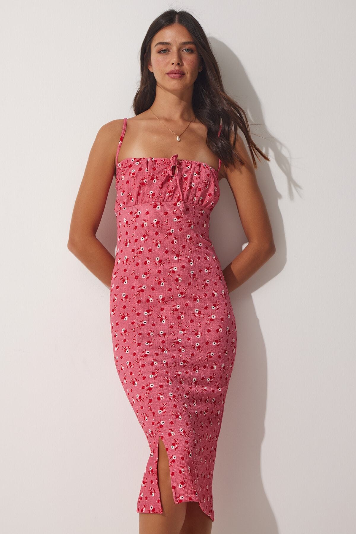 Pembe Çiçekli Büzgülü Yaka Yazlık Örme Elbise FF00124