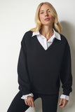 Siyah Gömlek Detaylı Örme Sweatshirt cr00414