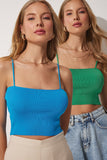 Yeşil Mavi İkili Askılı Crop Triko Bluz PN00072