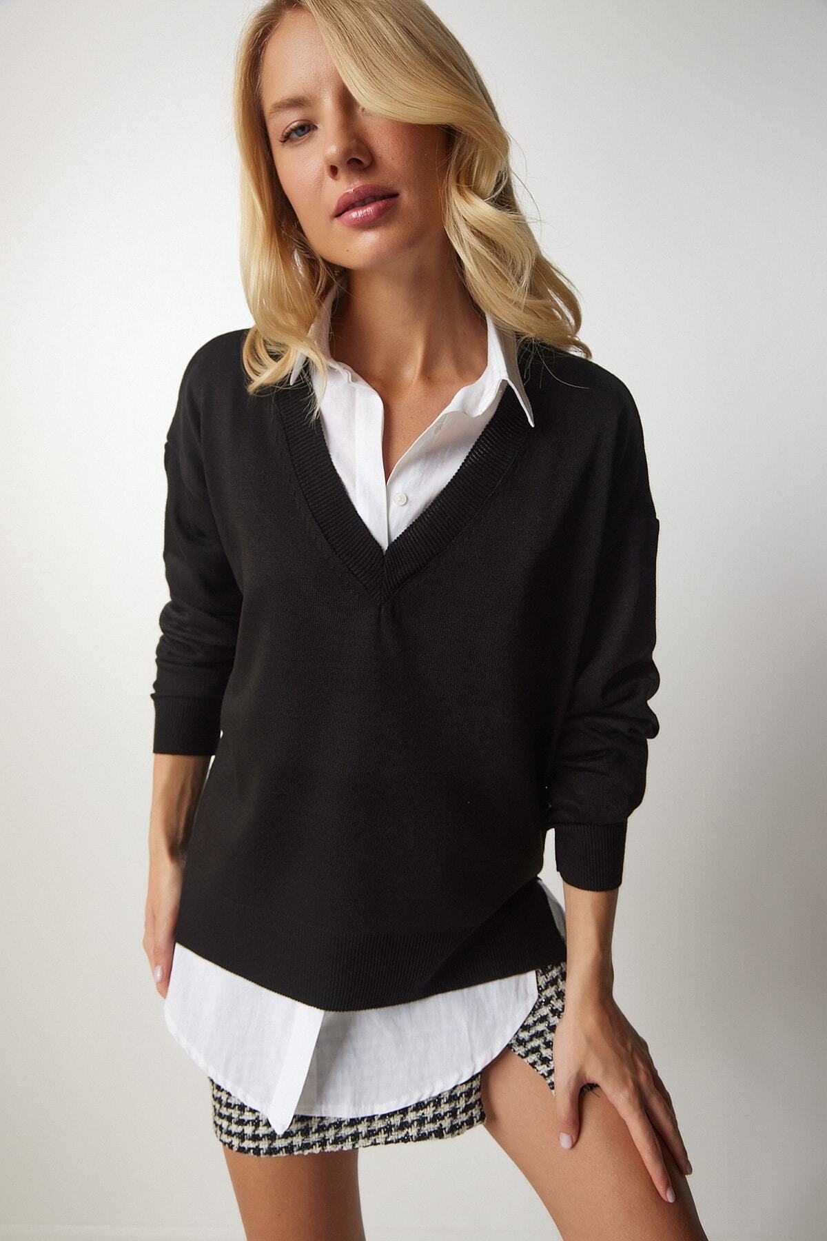 Siyah V Yaka Oversize Triko Kazak BV00082