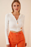 Beyaz Kapüşonlu Fermuarlı Crop Sweatshirt YK00011