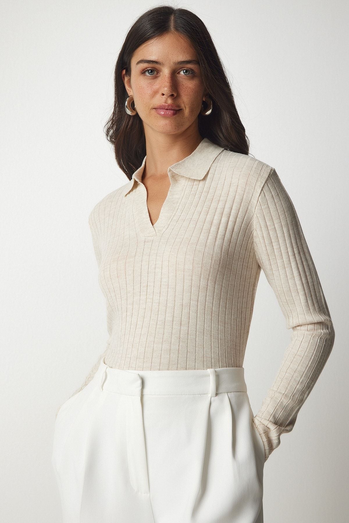 Krem Polo Yaka Fitilli Triko Kazak BV00011