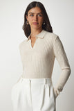 Krem Polo Yaka Fitilli Triko Kazak BV00011