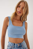 Gök Mavi Askılı Fitilli Crop Örme Bluz GT00030