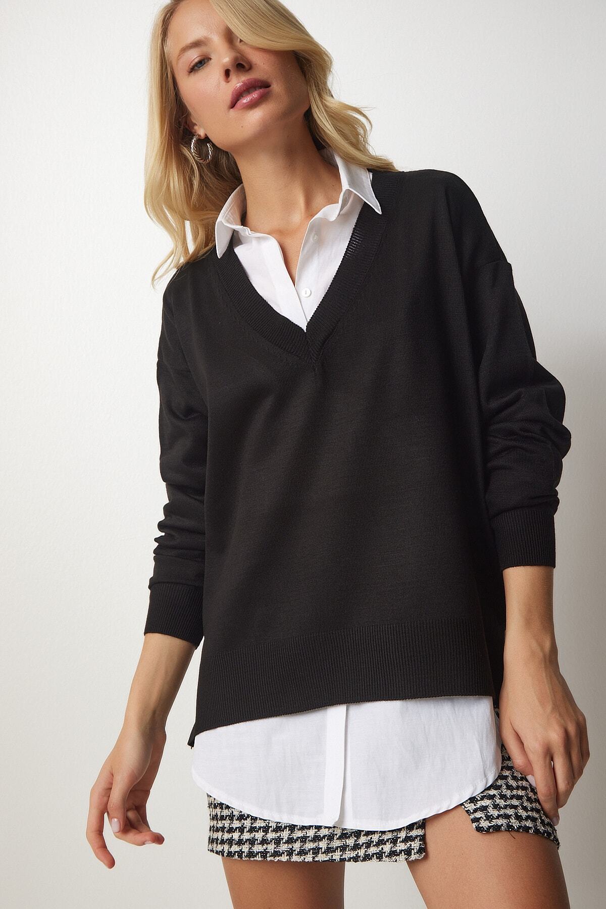 Siyah V Yaka Oversize Triko Kazak BV00082