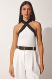 Beyaz Halter Yaka Crop Triko Bluz US00900