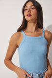 Gök Mavi Fitilli Crop Halter Yaka Örme Atlet ZV00106