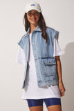 Mavi Büyük Cepli Oversize Denim Yelek RV00111