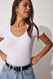 Beyaz V Yaka Örme T-Shirt HJ00001
