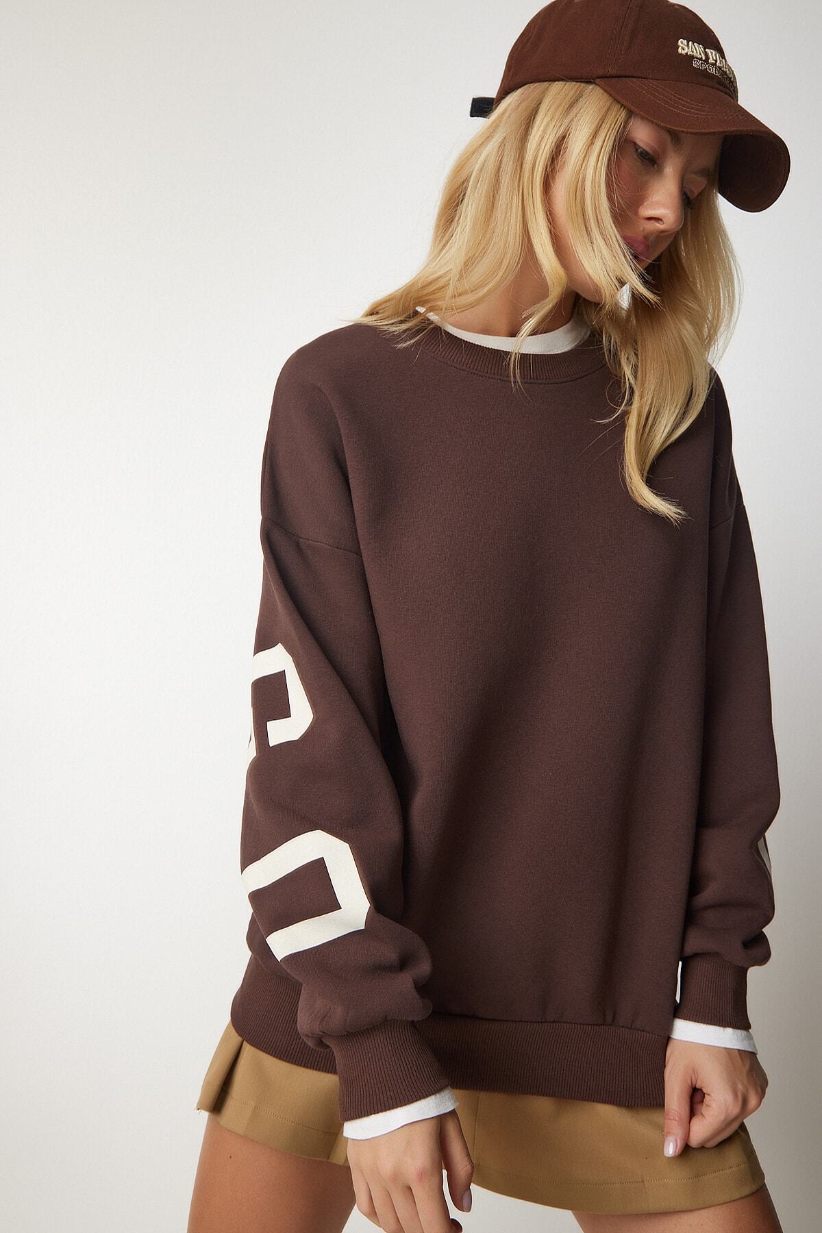 Kahverengi Baskılı Oversize Sweatshirt HF00440