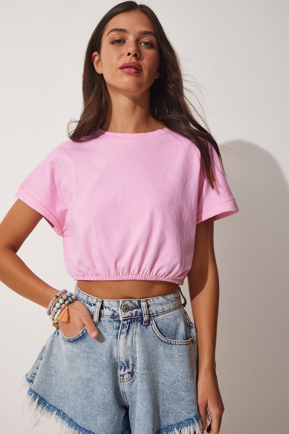 Pembe Beli Elastik Crop T-Shirt UB00083
