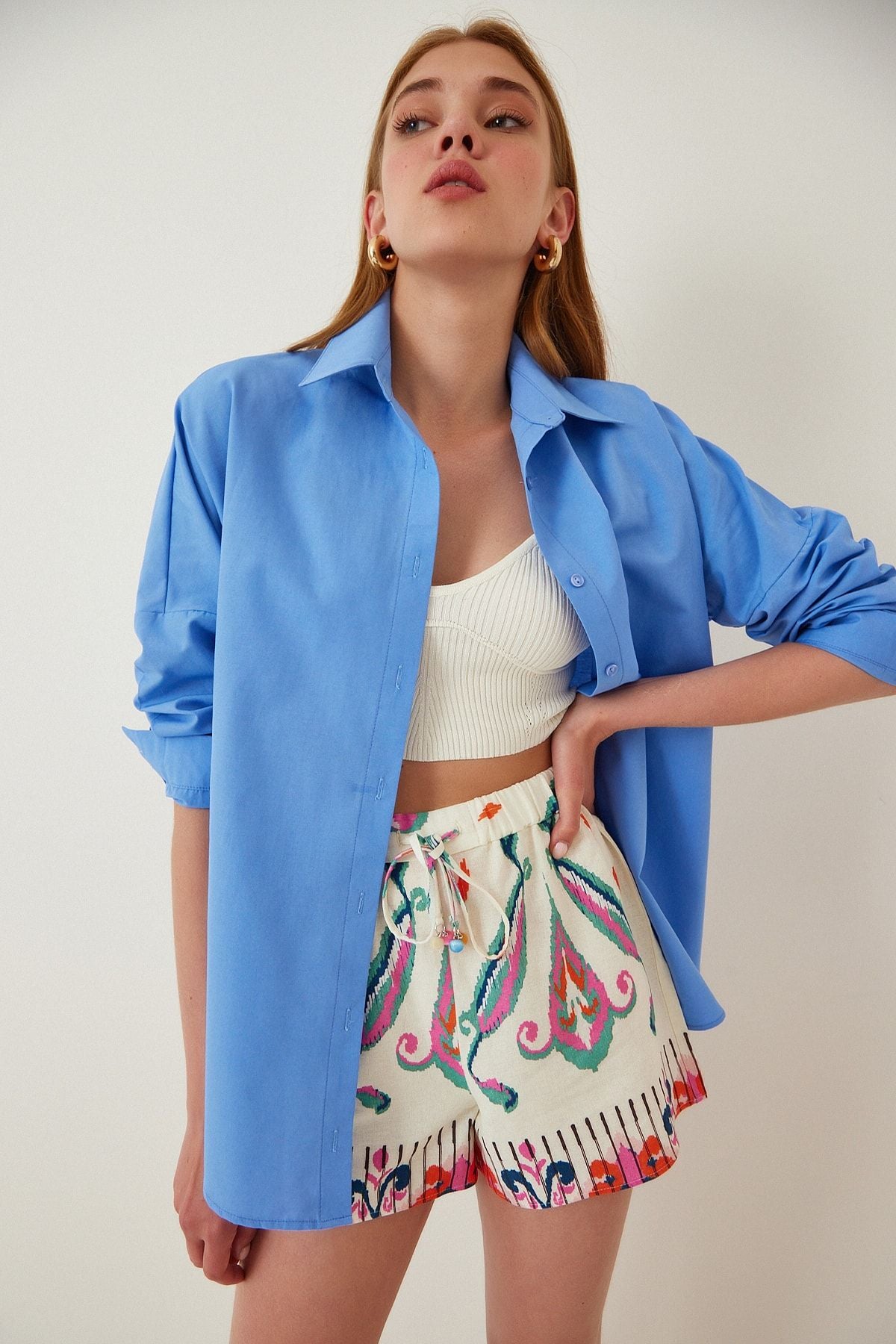 Orta Mavi Oversize Uzun Basic Gömlek DD00842
