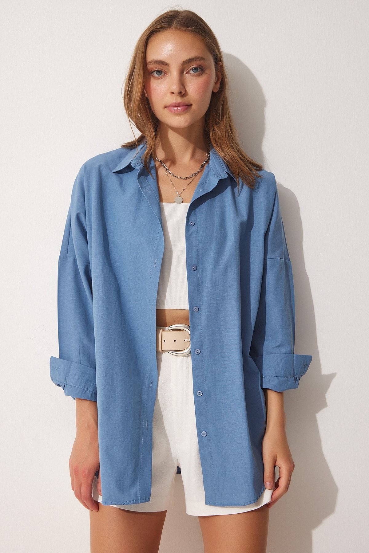 İndigo Mavi Oversize Uzun Basic Gömlek DD00842