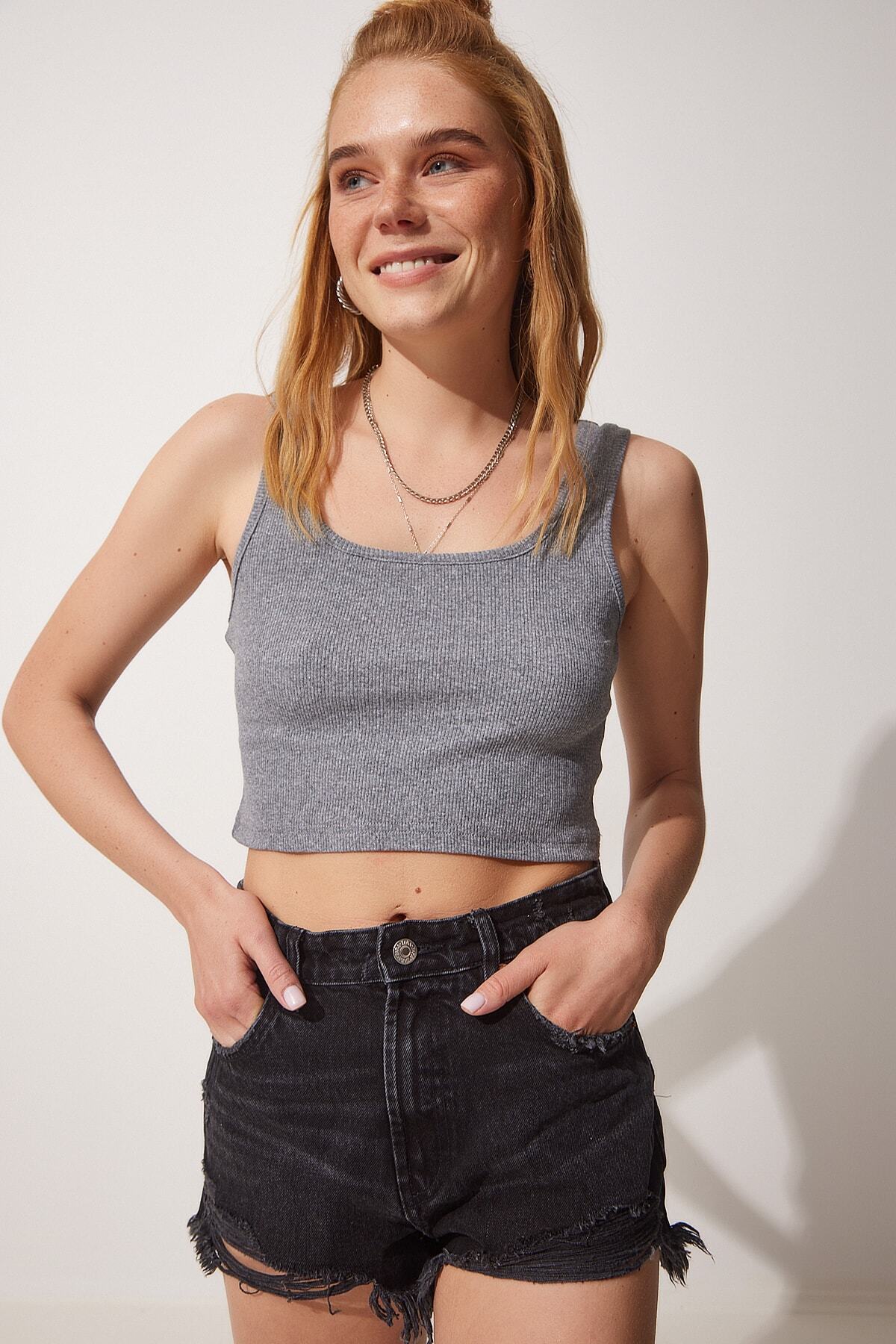 Gri Askılı Fitilli Crop Örme Bluz GT00030