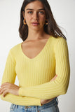 Sarı V Yaka Fitilli Basic Bluz BV00096