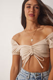 Bej Keten Karışımlı Büzgülü Crop Bluz BV00065