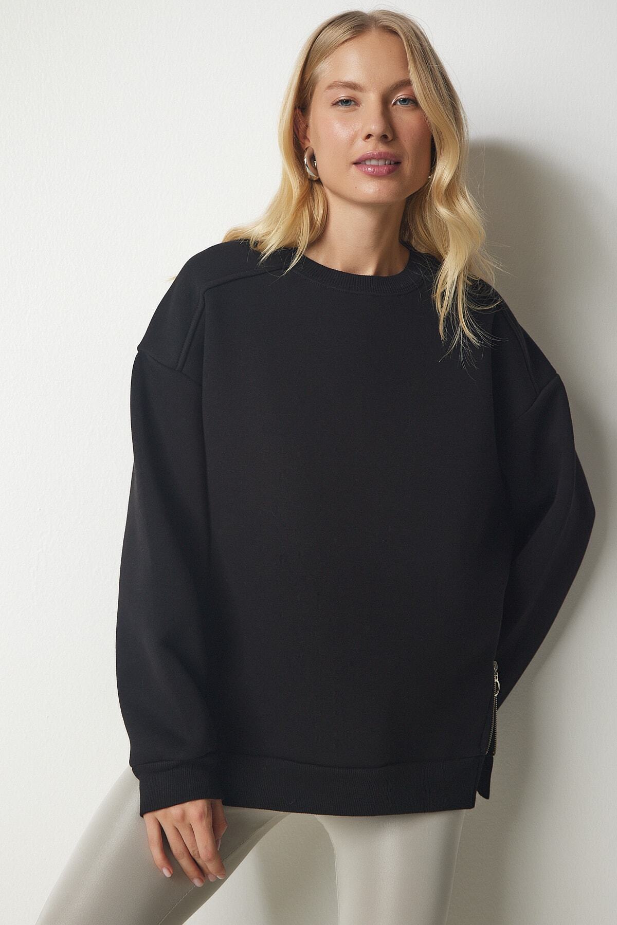 Siyah Fermuar Detaylı Şardonlu Örme Sweatshirt UB00148