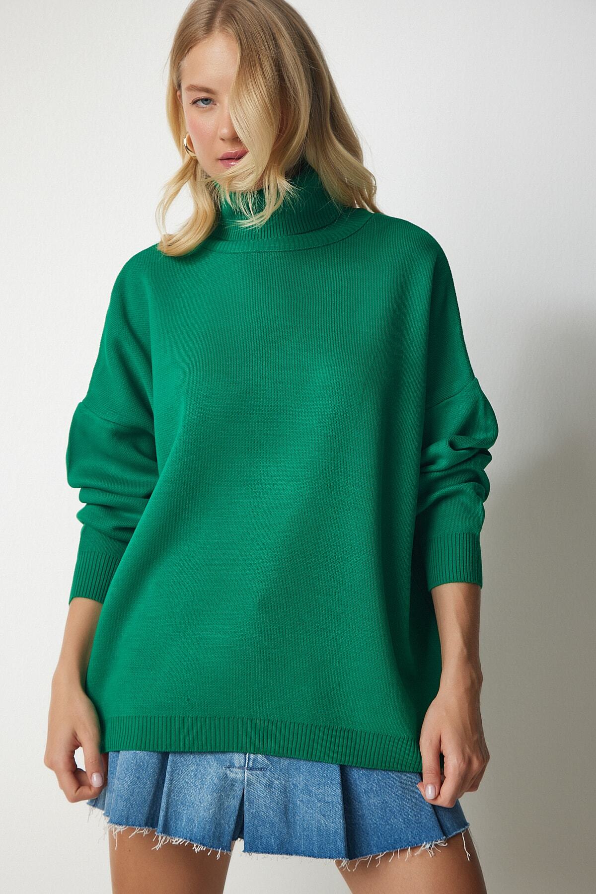 Yeşil Balıkçı Yaka Oversize Triko Kazak MX00133