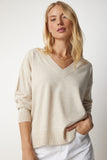 Krem V Yaka Oversize Triko Kazak BV00082
