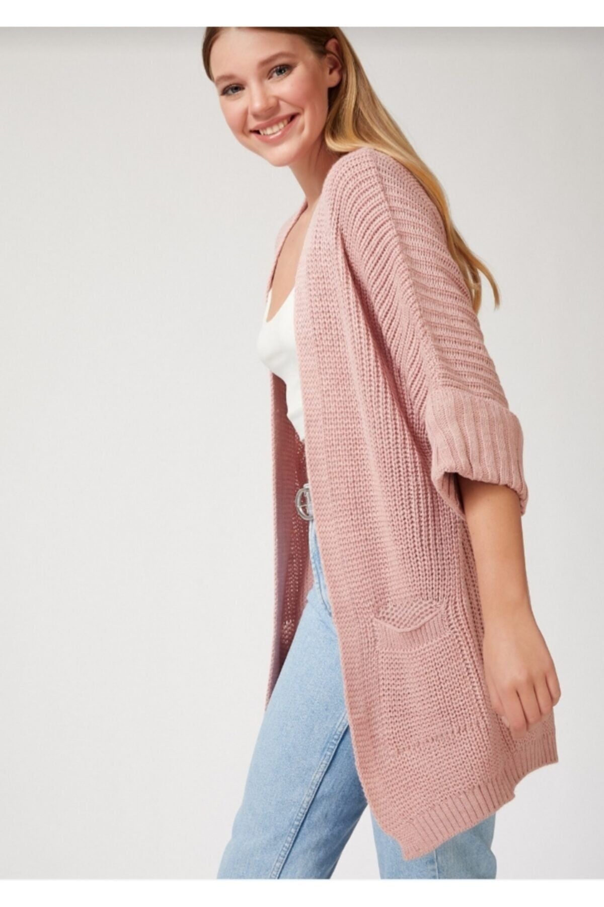 Pembe Oversize Uzun Cepli Triko Hırka AS00003
