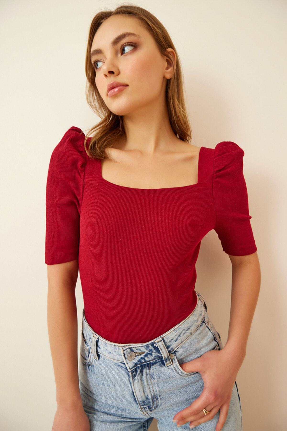 Bordo Kare Yaka Fitilli Crop Bluz GT00007