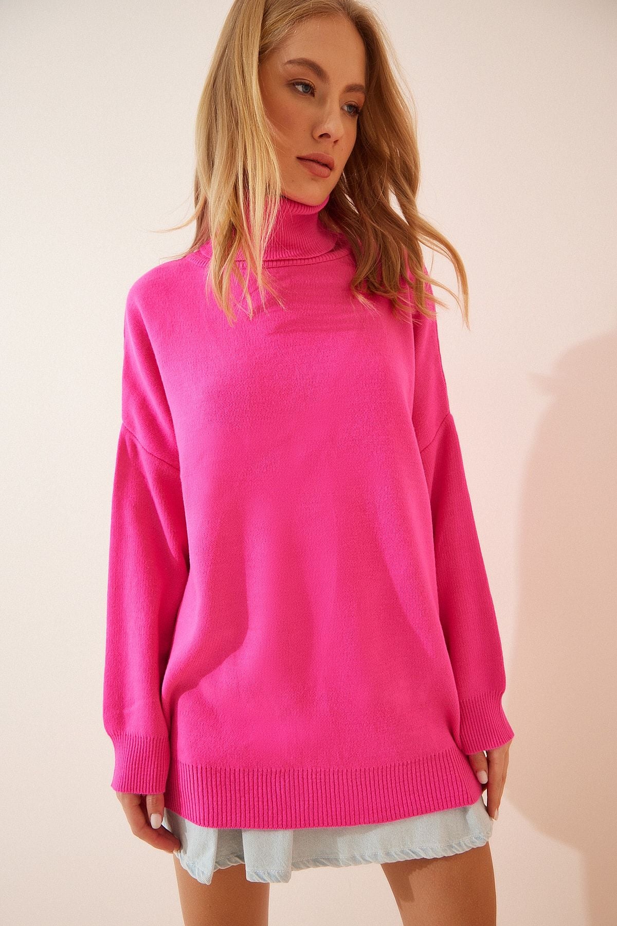 Pembe Balıkçı Yaka Oversize Triko Kazak YY00081