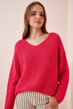 Koyu Pembe V Yaka Selanik Örgü Oversize Triko Kazak ZA00059