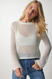 Krem Simli Ajurlu Transparan Triko Bluz BV00091