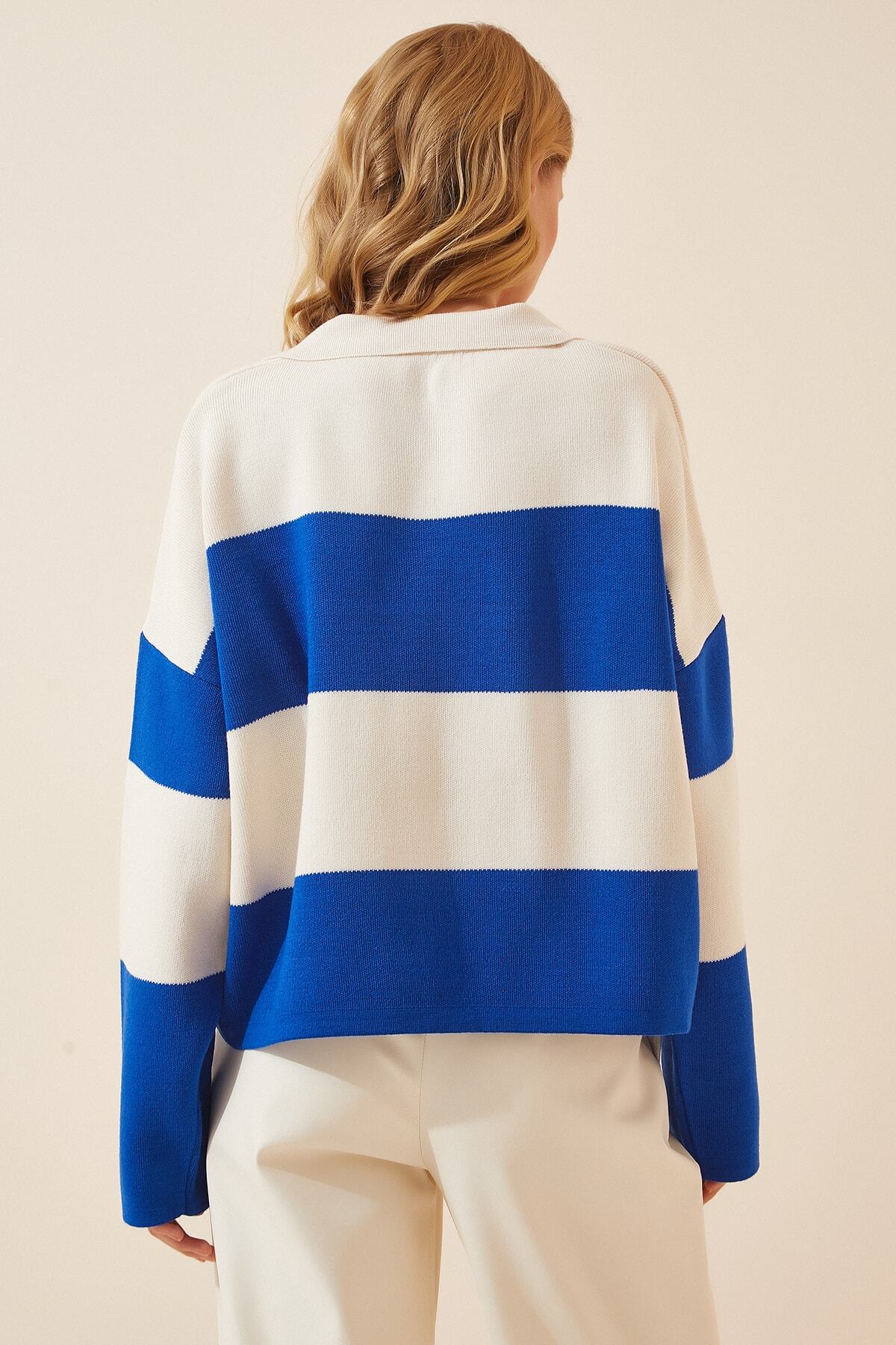 Mavi Kemik Polo Yaka Oversize Crop Triko Kazak  US00685