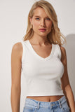 Ekru V Yaka Fitilli Crop Bluz UB00058