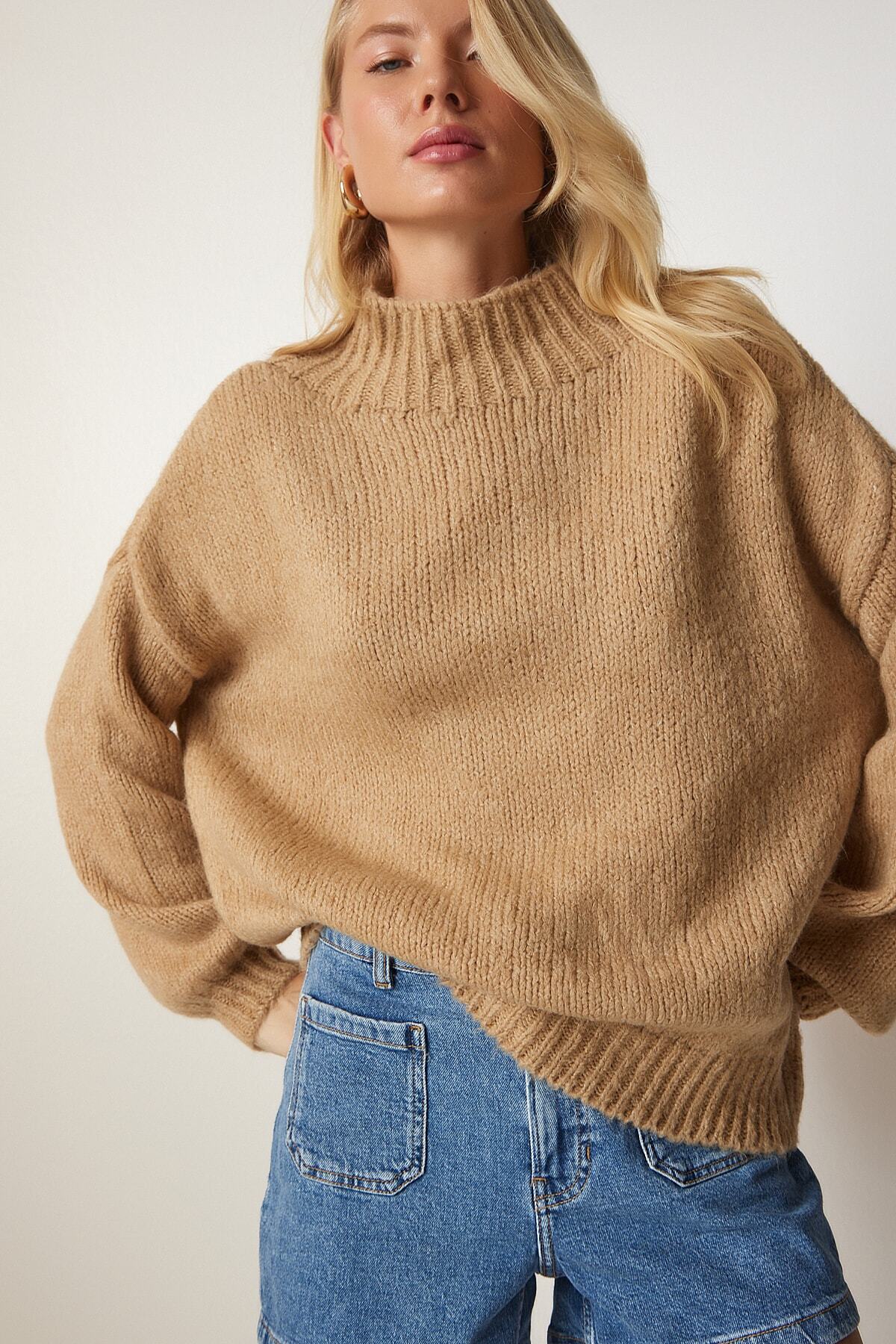 Camel Dik Yaka Basic Triko Kazak MX00127