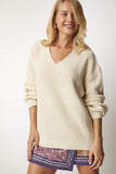 Krem V Yaka Oversize Basic Triko Kazak MX00130