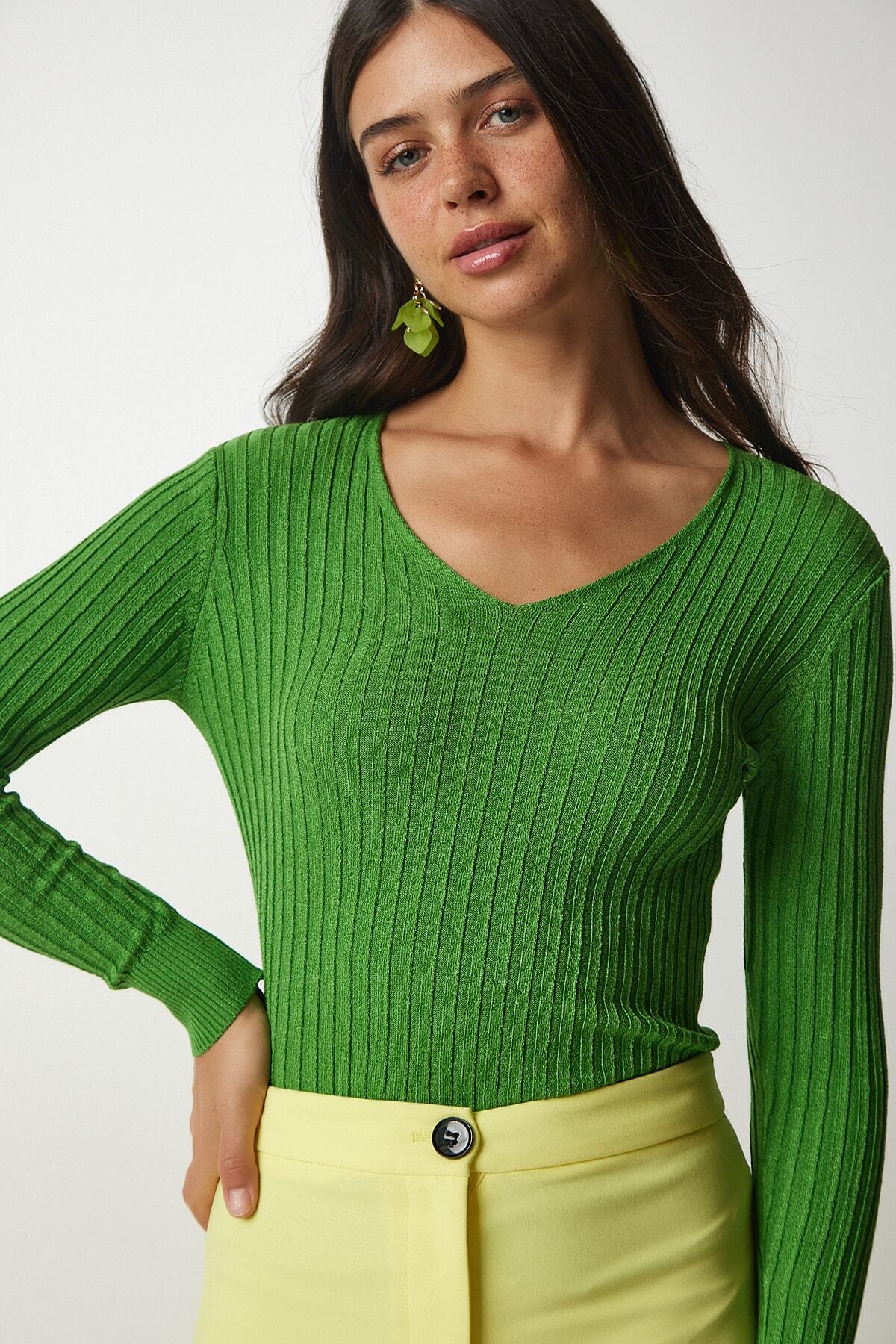 Açık Yeşil V Yaka Fitilli Basic Bluz BV00096