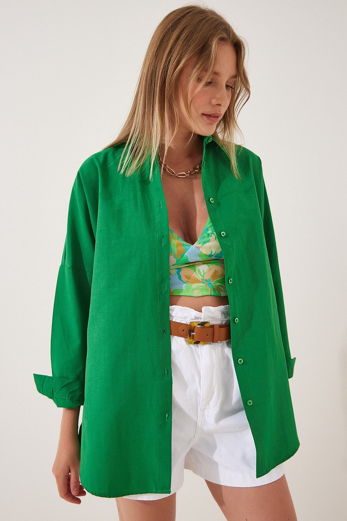 Canlı Yeşil Oversize Uzun Basic Gömlek DD00842