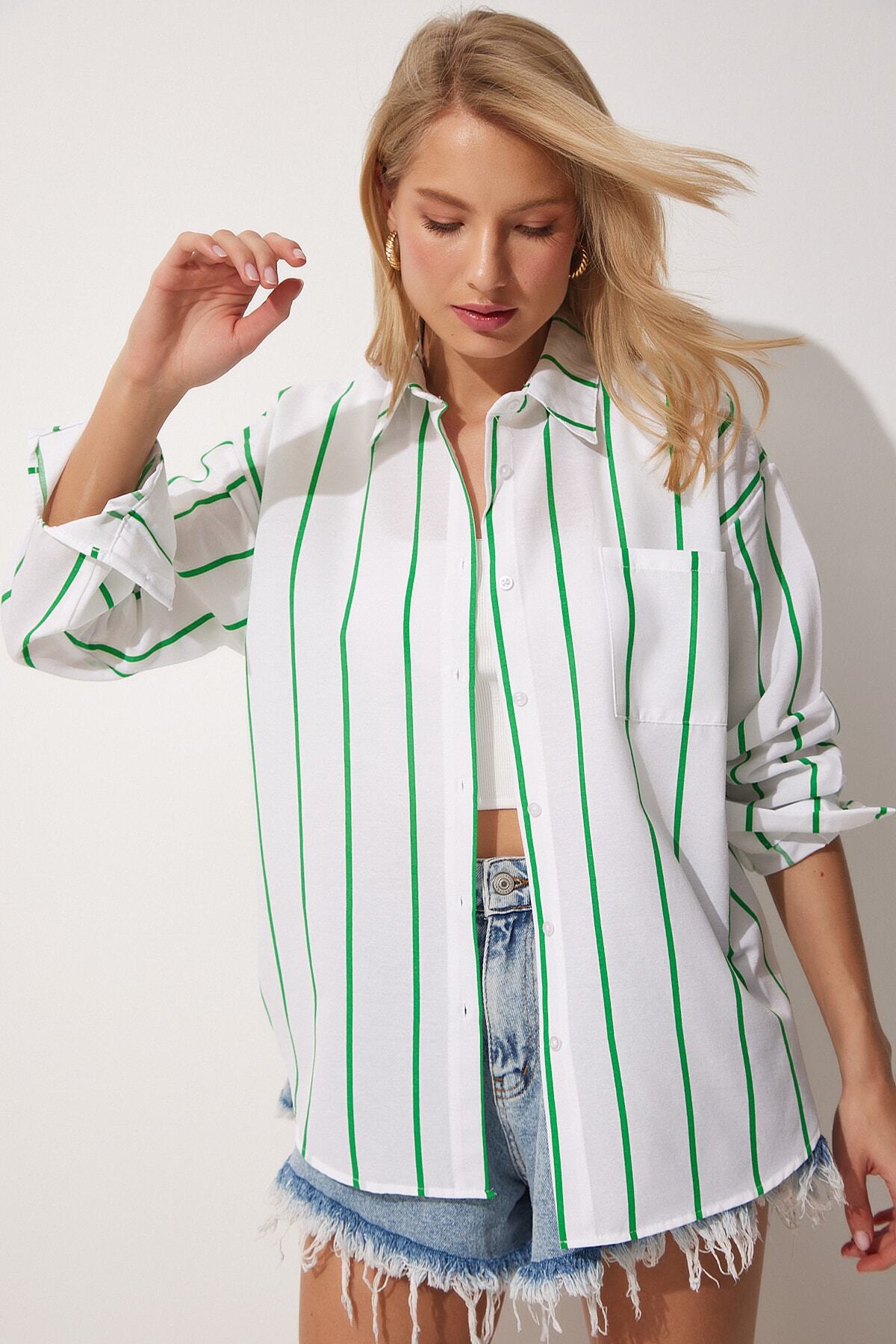 Yeşil Beyaz Çizgili Oversize Uzun Pamuklu Gömlek DX00005