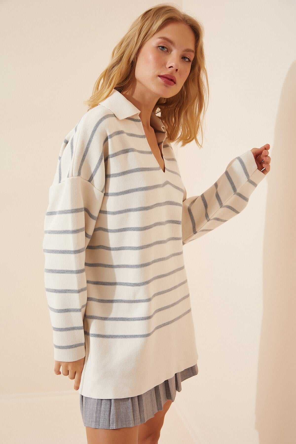 Gri Ekru Polo Yaka Oversize Triko Kazak  US00703