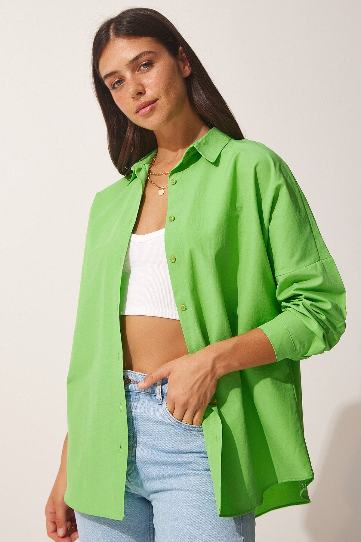 Orta Yeşil Oversize Uzun Basic Gömlek  DD00842