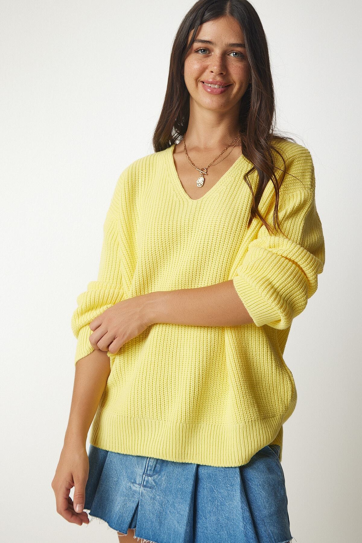 Sarı V Yaka Oversize Basic Triko Kazak MX00130