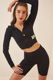 Canlı Siyah Kapüşonlu Fermuarlı Crop Sweatshirt YK00011