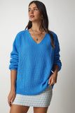 Açık Mavi V Yaka Oversize Basic Triko Kazak MX00130