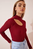 Bordo Cut Out Detaylı Fitilli Örme Bluz GT00065