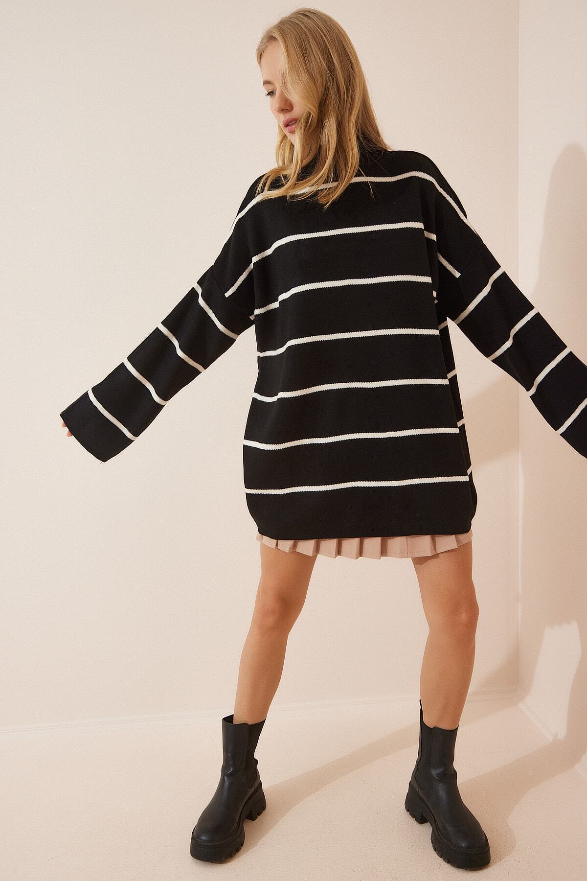 Siyah Çizgili Oversize Uzun Triko Kazak YY00087